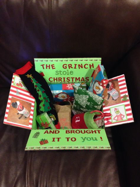 The Grinch Christmas Care Package that I made for Austin #2! Deployment Ideas, Christmas Care Package, The Grinch Christmas, The Grinch Stole Christmas, Bff Birthday, Package Ideas, Diy Gift Baskets, Grinch Stole Christmas, Care Packages