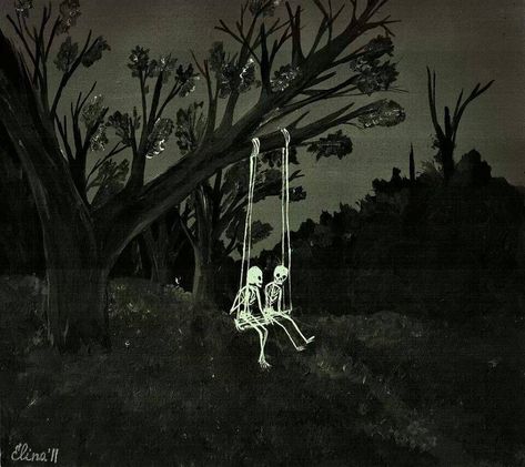 Skeletons on a Swing - Elina Grethen In The Dark, Skeleton, Trees, Moon, Halloween