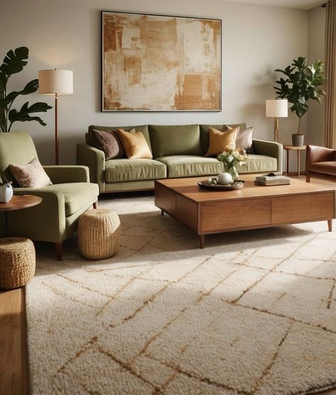 Sage Green Couch Living Room Decor, Sage Neutral Living Room, Green Couch Dark Floor, Neutral Green Interior Design, Green Sofa Neutral Living Room, Cream Living Room Green Accents, Cozy Earthy Living Room Ideas, Green Couch In Living Room, Earthy Living Room Green Couch