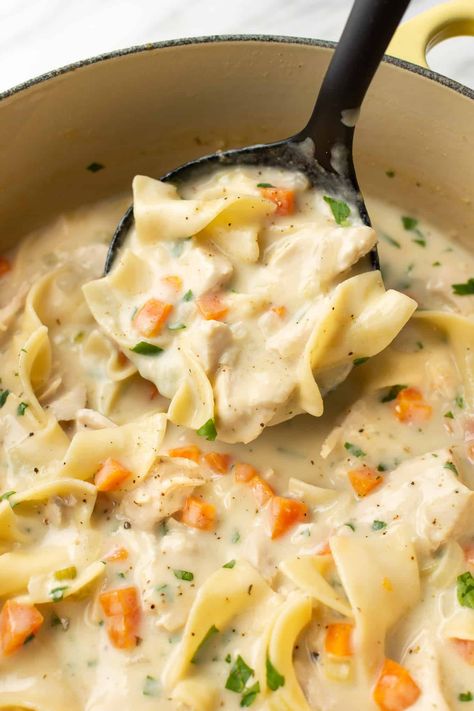 Healthy Creamy Chicken Noodle Soup, Soup For 2, Instant Pot Creamy Chicken Noodle Soup, Creamy Chicken Pasta Soup, Instapot Chicken Noodle Soup Easy, Eating Well Creamy Chicken Noodle Soup With Rotisserie Chicken, Leftover Chicken Recipes Soup, Fall Soup And Sandwich Ideas, Good Foods To Eat When Your Sick