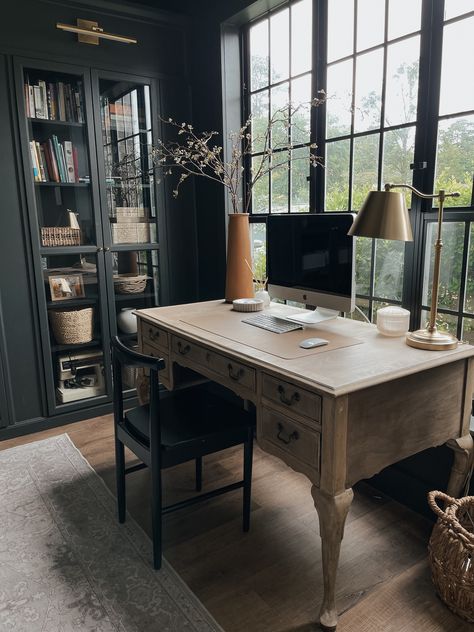 Dark Bedroom Office, Antique Desk Home Office, Office With Antique Desk, Vintage Desk Home Office, Office With Vintage Desk, Antique Home Office Ideas, Moody Office Desk, Dark Victorian Office, Small Office With Fireplace