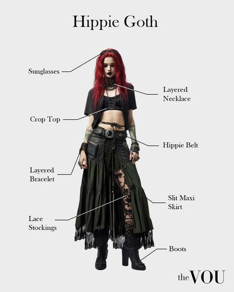 piece. Pagan Goth Aesthetic, Gothic Bohemian Aesthetic, Mystic Outfits Boho Style, Goth Hippy Outfits, Goth Metal Outfit, Dark Hippy Aesthetic, Black Metal Clothes, Metal Goth Outfit, How To Tie A T Shirt