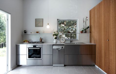 Ikea kitchen in Apartment, in a building from the late 50s in the city center of Tel-Aviv. Designed by Salty Architects. Stainless Kitchen Design, Stainless Steel Kitchen Design, New Kitchen Sink, Kitchen Sink Ideas, Metal Kitchen Cabinets, Steel Kitchen Cabinets, Sink Ideas, Stainless Kitchen, Steel Shelving