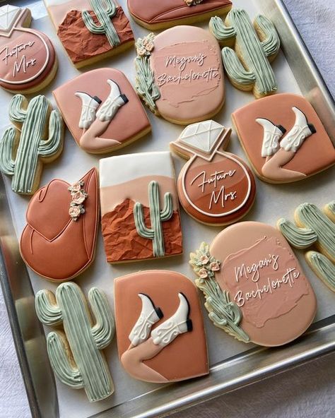 Best Bite Cookie Co. | Custom Cookie Art on Instagram: "DREAMY DESERT BACHELORETTE 💍🌵 • • I’m in love with this color palette, it just as dreamy as the Arizona desert! • • • #bachelorettecookies #bachelorettepartyideas #scottsdalebachelorette #desertcookies #arizonacookies #desertart #cookieart #decoratedcookiesofinstagram #sugarart #sugarcookies #talentedcookiers #customcookies #cowgirlcookies #scottsdale #tastycookies" Scottsdale Birthday Party, Arizona Cookies Decorated, Desert Crew Before I Do, Bachelorette Party Themes Desert, Desert Cookies, Arizona Cookies, Western Wedding Cookies Decorated, Boho Western Bachelorette Party, Scottsdale Before The Veil Decorations