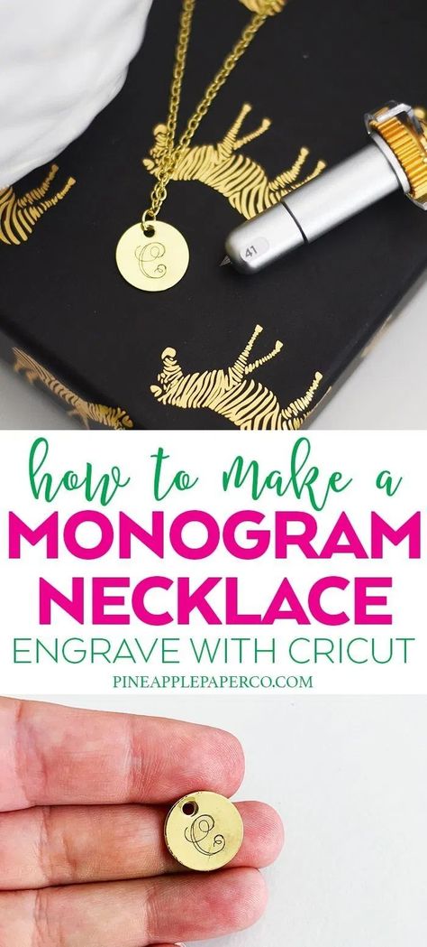 How to Use the Cricut Engraving Tool to Make a Monogram Necklace with the brand new Cricut Maker Engraving Tip. Now you can make metal engraved jewelry with the Cricut! Tutorial by Pineapple Paper Co. #cricut #cricutmade #cricutcreated #metaljewelry #diyjewelry #cricutjewelry #monogramjewelry #monogram #cricutmonogram #monogramnecklace Cricut Maker Jewelry Projects, Diy Engraved Jewelry, Cricut Necklace Ideas, Cricut Projects Engraving, Cricut Jewelry Ideas, Cricut Engraving Tool, Gift Ideas Cricut, Cricut Maker Projects, Cricut Engraving