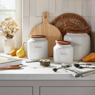 Hearth And Hand With Magnolia Living Room, Canisters For Kitchen Display, Flour And Sugar Containers On Counter, White Canisters For Kitchen, Farmhouse Canisters For Kitchen, Kitchen Canisters On Counter Display, Kitchen Canisters On Counter, Cannister Ideas Kitchen, Hearth And Hand Kitchen