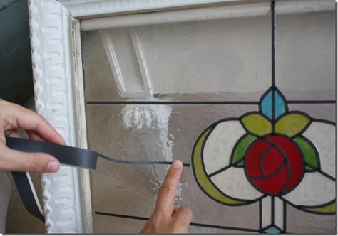 Tutorial-Faux Vintage Stained Glass Windows for pennies Stained Glass Faux Diy, Faux Stain Glass Windows Diy, Diy Stained Glass Window Paint, Fake Stained Glass Diy, Diy Faux Stained Glass Window, Faux Stained Glass Diy, Gallery Glass Paint, Painting On Glass Windows, Diy Stained Glass Window