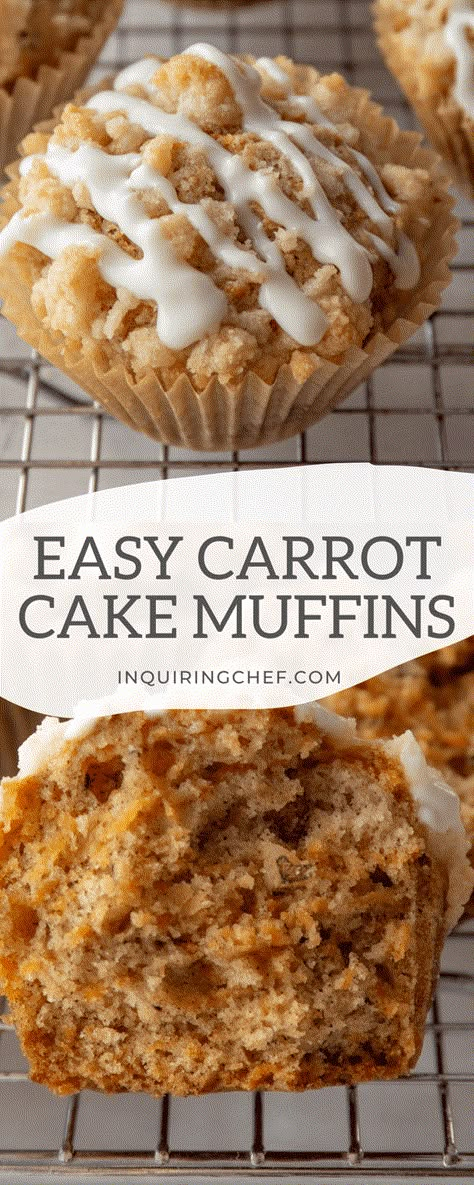 Carrot cake muffins are filled with naturally sweet shredded carrots, and topped with a brown sugar crumb topping and cream cheese glaze. Perfect for breakfast or brunch, and an especially great addition to Easter brunch! #muffins #breakfast #brunch #baking #carrotcake #easyrecipe Easy Carrot Cake Muffins, Carrots Brown Sugar, Carrot Cake Muffins Recipe, Baking Recipes Muffins, Brunch Baking, Carrot Muffins Easy, Carrot Cake Muffin Recipe, Brunch Muffins, Healthy Carrot Cake Muffins