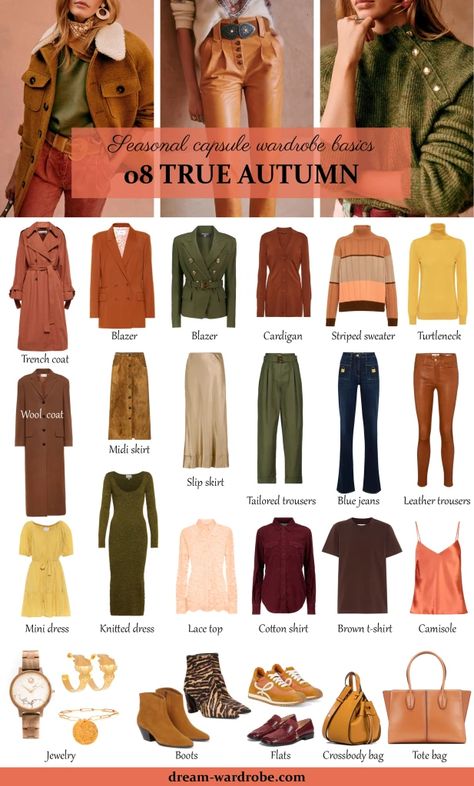 Warm (True) Autumn Color Palette and Wardrobe Guide | Dream Wardrobe Autumn Season Outfits For Women, Cool Autumn Color Palette Outfits, Autumn Palette Colors Clothes, Autumn Colours 2023, Redhead Color Palette Clothes, Autumn Color Dress, Classic Autumn Palette, Autumn Colour Capsule Wardrobe, Autumn Outfit Colors