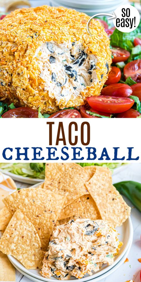 Taco Cheese Ball is an easy cheesy appetizer rolled in tortilla chips! Taco seasoning and jalapeno transform ordinary cream cheese dip into a crowd pleasing party snack. Cold Appiterzers Easy Recipes, Taco Party Recipes, Mexican Tailgate Food Appetizers, Carry In Appetizers, Taco Cheese Ball Recipes, Mexican Cheese Ball Recipes, Easy Appetizers For Dinner Party, Pesto Cheese Ball, Christmas Taco Cheese Ball Wreath