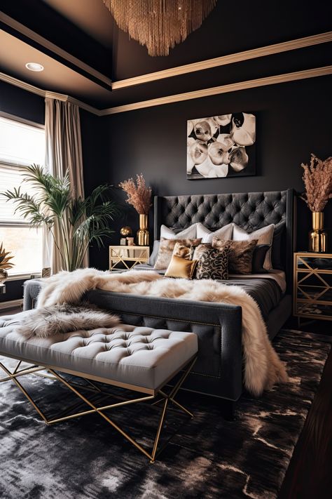 Bedroom Ideas Different Aesthetic, Dark Master Bedrooms Ideas, Black And Gold Luxury Bedroom, Good Vibes Bedroom Ideas, Elegant Black Bedroom Ideas, Black Inspired Bedroom, Rustic Glam Bedroom Master Suite, Moody Luxe Bedroom, Dark Bedroom Light Furniture