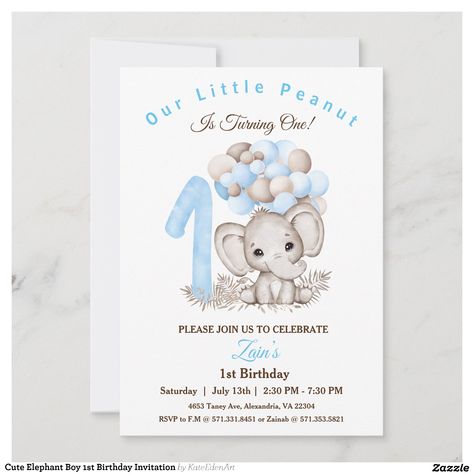 Create your own Invitation | Zazzle Elephant Birthday Party Boy, 1st Birthday Elephant Theme, First Birthday Invitation Cards, Elephant Birthday Party, Elephant First Birthday, Baby Birthday Invitations, First Birthday Cards, Birthday Cute, Bday Invitations