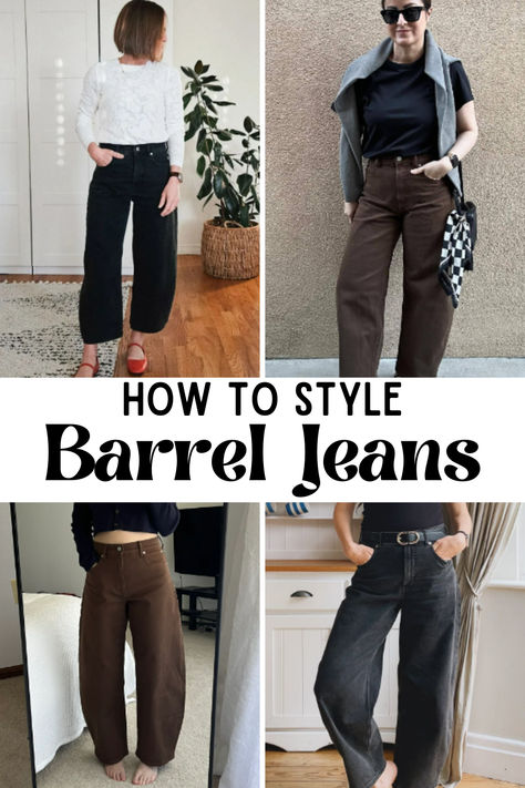 How to style barrel jeans Fall Outfits Barrel Jeans, Barrel Pants Outfit Winter, Carrot Leg Jeans Outfit, Barrel Pants Outfit Fall, Cropped Barrel Jeans Outfit, Outfits With Barrel Jeans, Green Barrel Pants Outfit, Black Barrel Pants Outfit, Shoes To Wear With Barrel Jeans