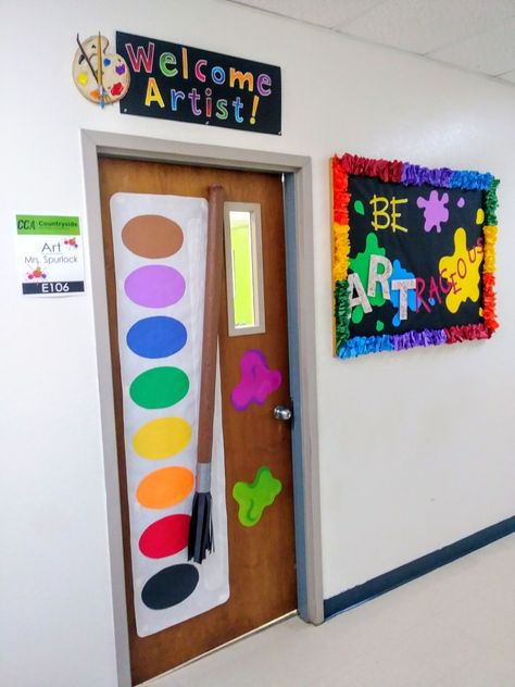 Art Room Classroom Decor, Art Class Bulletin Boards Elementary, Art Center Bulletin Board, Art Themed Bulletin Boards, Art Door Decorations, Art Coming Soon Bulletin Board, Art Door Ideas, Art Area Bulletin Board Preschool, Art Room Door Decorations Classroom