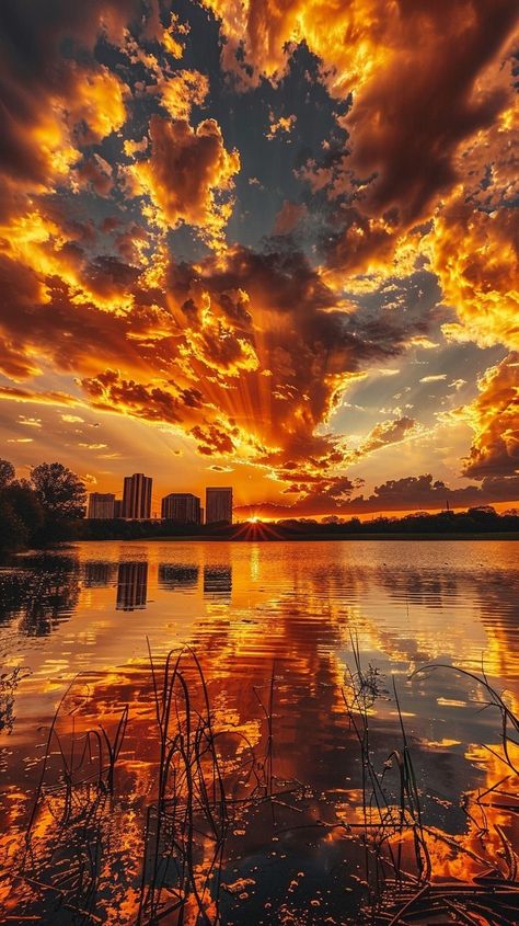 Sunset sky, golden clouds, red and yellow colors, burning cloud patterns over the city of Texas, lake view, real photography, high definition details in the style of real photography. Yellow And Red Aesthetic, Veronika Core, Landscape Photography Aesthetic, Sunset In City, Beautiful Sky Pictures, Sunsets Aesthetic, Lake Pattern, Golden Clouds, Sunrise Images