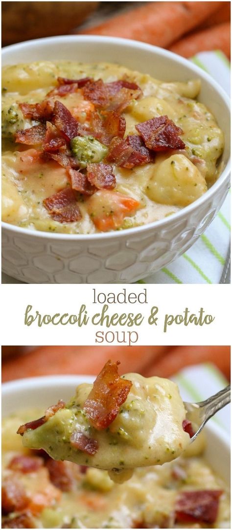 Loaded Broccoli, Cheese and Potato Soup - so full of flavor and so many delicious ingredients. This soup will keep you warm and full any time of year! { lilluna.com } Broccoli Cheese And Potato Soup, Broccoli Potato Soup Recipes, Broccoli Potato Cheese Soup, Loaded Broccoli, Cheesy Broccoli Soup, Broccoli Potato Soup, Broccoli Potato, Cheese Soup Recipes, Broccoli Soup Recipes