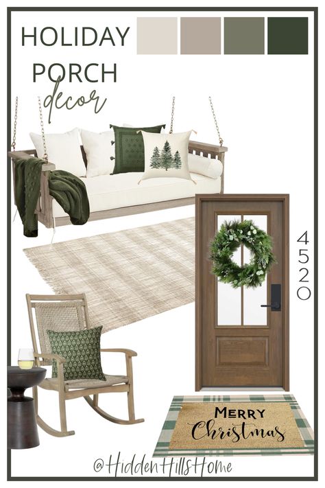 A Christmas exterior mood board! This holiday front porch features a swing decorated with green and neutral Christmas pillows along with a  rocking chair. The door has a gorgeous green holiday wreath with a “Merry Christmas” doormat. Christmas Front Porch Pillows, Neutral Christmas Porch Decor, Neutral Christmas Front Porch, Exterior Christmas Decor, Christmas Decorations Green, Porch Christmas Decorations, Holiday Doormat, Decor Mood Board, Front Door Christmas Wreath