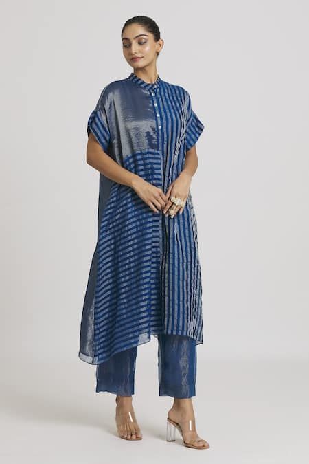 Buy Blue Striped Tissue Silk Embroidered Band Collar Pattern Dress For Women by Urvashi Kaur Online at Aza Fashions. Tissue Kurti Designs Latest, Striped Outfits For Women, Tissue Dress Designs, Indian Style Dress, Latest Kurta Sets For Women, Blue Straight Kurta Dress With Printed Motifs, Indian Clothing, Stripes Suits Women Indian, Latest Indian Fashion Trends 2024