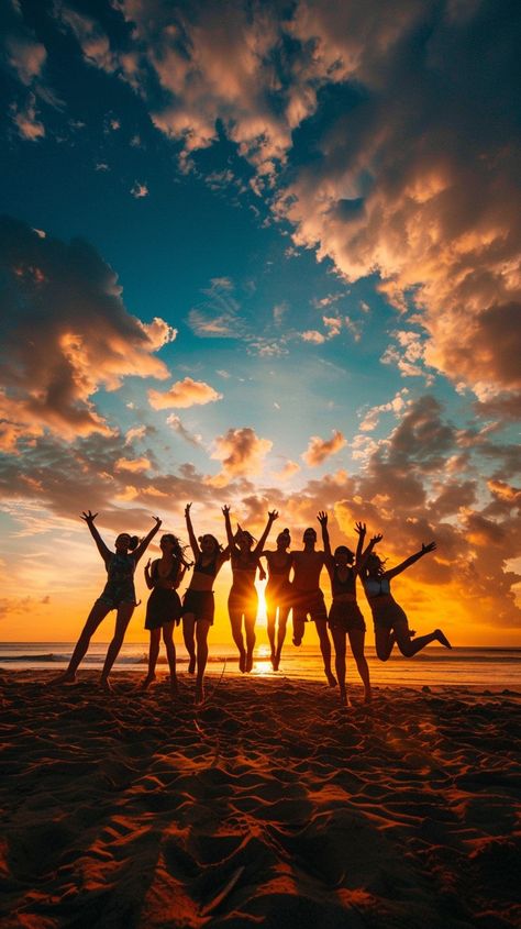 Joyful Sunset Celebration: A group of silhouetted friends celebrates joyfully on the beach against a breathtaking sunset backdrop. #sunset #beach #friends #celebration #silhouette #aiart #aiphoto #stockcake ⬇️ Download and 📝 Prompt 👉 https://stockcake.com/i/joyful-sunset-celebration_748869_761001 Beach Group Photos, Group Beach Poses, Friend Groups Aesthetic, Group Friends Photos, Beach Poses Friends Group, Group Of Friends Photography, Friends Pictures Group, Beach Group Photo, Group Photo Poses Friends