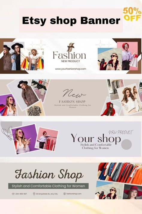 Clothes Shop Banner Design, Fashion Website Banner Design, Etsy Shop Banner Design Ideas, Boutique Banner Design Ideas, Website Banner Design Creative, Boutique Banner Design, Etsy Banner Ideas, Fashion Banner Design Layout, Fashion Banner Design Ideas