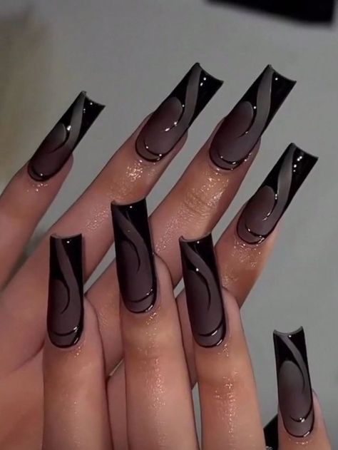 Gothic Square Nails, Jelly Black Nails, Dark Aesthetic Nails, Dark Color Nails, Nail Shapes Square, Summer Acrylic, Matte Black Nails, Weak Nails, Black Acrylic Nails