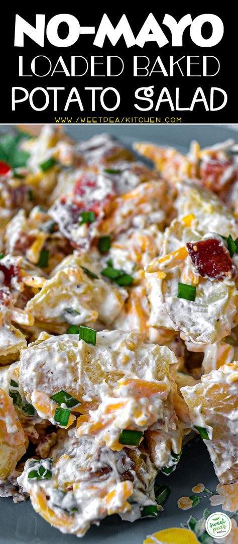 No-Mayo Loaded Baked Potato Salad - Sweet Pea's Kitchen Loaded Baked Potato Salad Recipe, Potato Salad Without Mayo, Baked Potato Salad Recipe, Potato Salad No Mayo, Red Skin Potato Salad, Loaded Potato Salad, Lunch Dishes, Loaded Baked Potato Salad, Baked Potato Salad