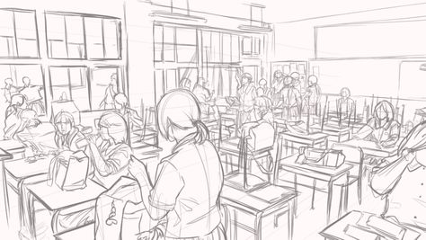 Classroom Drawing Anime, Manga Classroom, School Classroom Drawing Reference, Classroom Drawing Reference, Classroom Reference Drawing, Classroom Drawing Sketch, Classroom Perspective, Manga Classroom Background, Anime Classroom Scenery