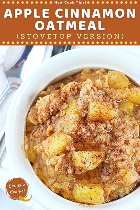 This easy apple cinnamon oatmeal is made on the stovetop and is creamy, lightly sweet and cinnamon-y, and loaded with chunks of cooked fresh apples. It’s the perfect warm fall breakfast, and it'll fill you up until lunchtime. You can also make it ahead, so it's great for meal prepping. Get the recipe and try it! Oatmeal Apple Recipes, Apple Crisp Oatmeal Breakfast, Yummy Oatmeal Recipes Healthy, Stove Oatmeal Recipes, French Toast Oatmeal, Oatmeal For Dinner Recipes, Baked Apples Oatmeal, Oats And Apple Recipes, Baked Apple Oats