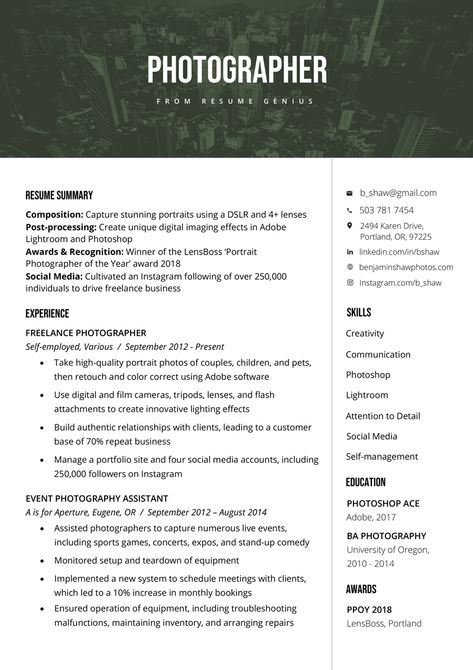 Photographer Resume Sample & Writing Tips | Resume Genius Photographer Resume Example, Cv For Photographer, Photographer Resume Design, Resume For Photographer, Job Questions, Photography Resume, Photographer Resume, Engineer Resume, Photographer Templates