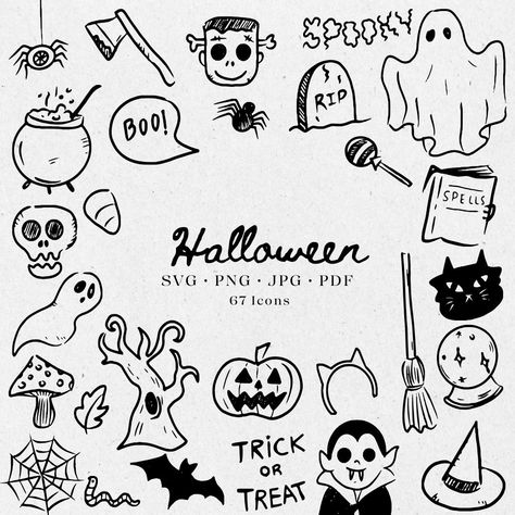 Minimal Digital Hand-Drawn Halloween illustrations. Hand drawn clipart icons. Hand drawn doodles. Perfect for halloween party invitations, halloween stationary, spooky decorations and more. Hand drawn style with scribble drawings. Please note that this is a DIGITAL PRODUCT, no physical product will be shipped.  Go to https://www.etsy.com/uk/shop/RoseRayCo?ref=l2-about-shopname&search_query=CA001 to view the full clipart icon collection. This product includes the following: * 67 SVG icons * 67 PN Halloween Hand Drawing, Small Drawings Halloween, Halloween Doodles Simple Cute, Halloween Party Drawing, Simple Halloween Drawings For Kids, Spooky Drawings Halloween, Halloween Clip Art Black And White, Cute Halloween Doodles To Draw, Witch Doodles Easy