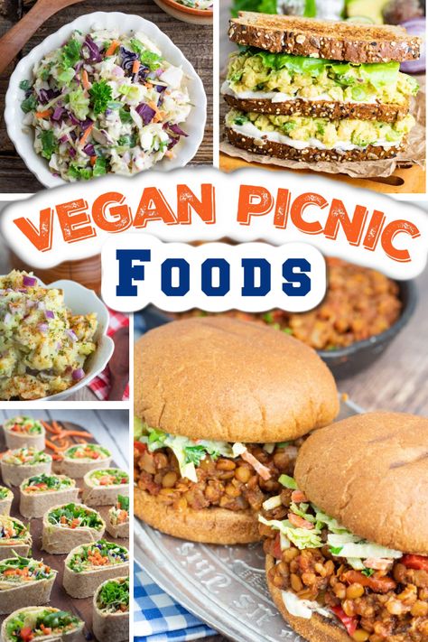 As the warm weather begins to beckon us outside and into the sunshine, it's a perfect time to grab a picnic basket and pack it full of these deliciously portable vegan picnic ideas that include sandwiches, sides, and even desserts! Vegan Picnic Sandwiches, Easy Vegan Picnic Food, Vegan Recipes Picnic, Picnic Food Vegetarian, Picnic Vegetarian Food Ideas, Vegan Summer Lunch Ideas, Vegan Summer Dishes, Easy Vegan Sides, Vegan Summer Dessert Recipes