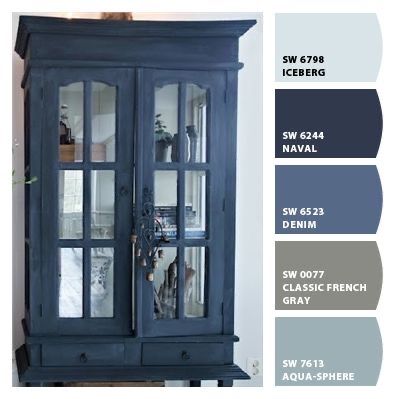 Denim Sherwin Williams, Sherwin Williams Denim, Blue Hutch Makeover, Home Bar Ideas, Colorful Kitchen Decor, Painted Furniture Colors, Blue Furniture, Interior Paint Colors, Furniture Renovation