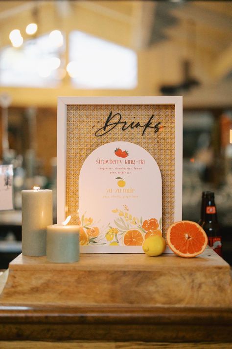 Looking for signature cocktail ideas?  Look no further than this summer wedding with pops of orange, yellow, and pinkPhotography: Danya Chen Photography (http://danyachenphotography.com) Signature Cocktail Ideas, Citrus Wedding, Cocktail Ideas, Wedding Palette, Seating Chart Wedding, Perfect Palette, Signature Cocktail, The Meadows, Wedding Seating