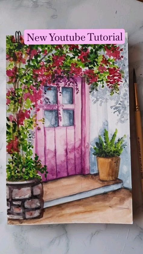 Beginner Watercolor, Watercolor Art Landscape, Landscape Painting Tutorial, Watercolor Paintings Nature, Watercolor Flowers Tutorial, Watercolor Paintings For Beginners, Pink Door, Canvas Painting Tutorials, Diy Watercolor Painting