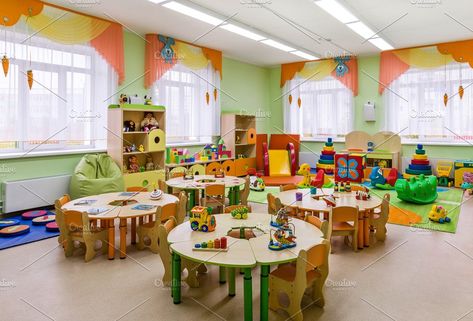 study room in the kindergarten by Dreamer63 on @creativemarket Montessori Classroom Furniture, Daycare Room Design, Daycare Furniture, Daycare Rooms, Kindergarten Photos, Preschool Furniture, Kindergarten Interior, Preschool Designs, Classroom Interior