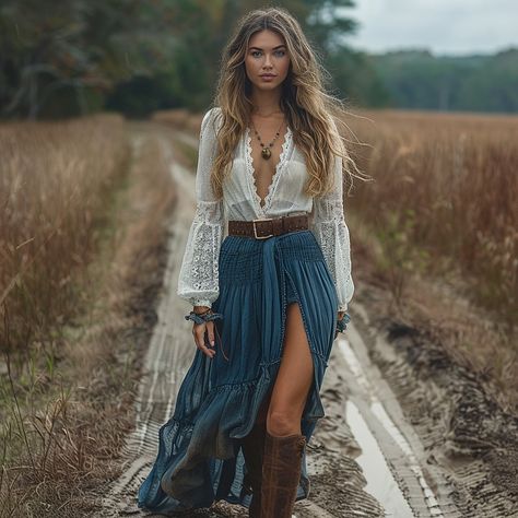 Dresses Long Skirt Country Outfit, Long Skirt With Cowboy Boots, Cowboy Boot Outfits Fall, Fancy Country Outfits, Maxi Skirt With Boots, Country Style Clothes, Retro Cowgirl Aesthetic, Bohemian Style Outfits, Hippie Cowgirl Style