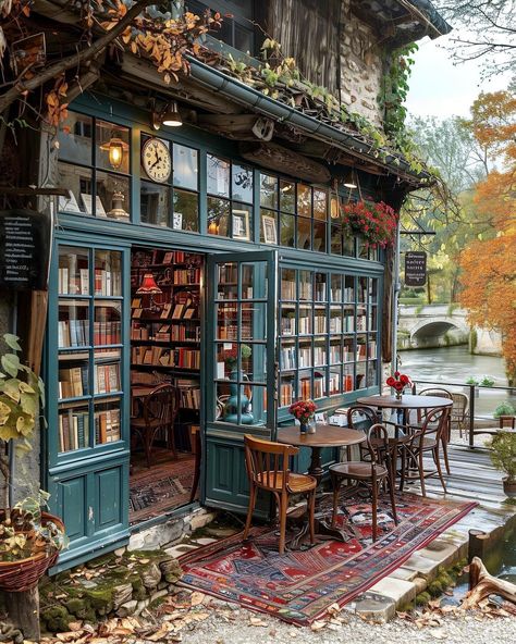 Cool Bookstore Design, Cozy Book Store Cafe, Concept Cafe Ideas, Flower Book Cafe, Book Store Cafe Design, Little Cafe Design, Flower Shop Inspiration, Flower Cafe Shop, Fairy Coffee Shop