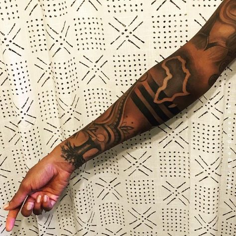 2,568 Likes, 37 Comments - Dave (@dangerdaveink) on Instagram: “Latest addition on  @afrohemian_  from our last collaboration” African Sleeve Tattoo, Black People Tattoos, Arm Tattoos Black, Shock Therapy, Black Men Tattoos, Africa Tattoos, Egyptian Tattoo Sleeve, African Tattoo, Map Tattoos