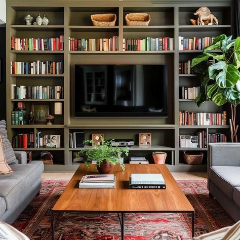 Built Out Shelves Living Room, Built In Bookshelf Tv Wall, Living Room Built In Shelves Decor, Home Office Book Shelves, Bookcase Wall Ideas, Library Wall With Reading Nook, Books And Tv Wall, Wooden Built In Shelves Living Room, Full Wall Bookshelf With Tv