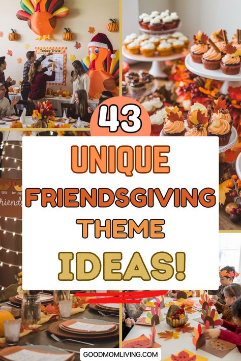 A vibrant Friendsgiving celebration featuring a festive table setting with autumn decorations, delicious desserts, and guests engaging in activities. The image showcases a large inflatable turkey and a backdrop adorned with fall leaves, highlighting unique Friendsgiving theme ideas for gatherings. Thanksgiving Theme Party Outfit, Thanksgiving Food Themes, Football Themed Thanksgiving, Thanksgiving Football Party, Thanksgiving Christmas Party, Themes For Friendsgiving, Thanksgiving Theme Ideas, Friendsgiving Dress Up Theme Ideas, Thanksgiving Ideas For Workplace