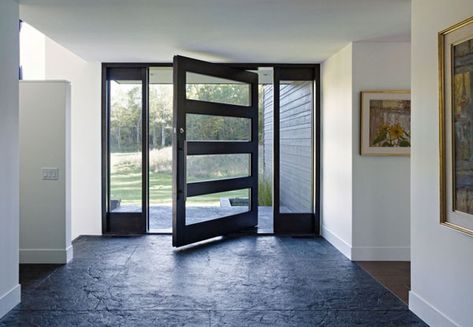 contemporary front door and stone floor in entryway Aluminium Glass Door, Entry Door Designs, Indoor Ideas, Contemporary Doors, Modern Front Door, Futuristic Interior, Pivot Doors, Front Entry Doors, Front Door Design