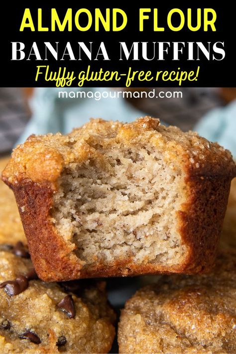 Muffins made with almond flour have a reputation for being dense—but not these fluffy beauties! Easy and quick to make, these almond flour banana muffins bake up moist, fluffy and full of terrific banana flavor. These banana muffins are suitable for a gluten free diet, and perfect for a filling snack or grab-and-go breakfast. Chocolate chips optional. Vegan Almond Flour Banana Muffins, Gluten Banana Muffins, Gf Banana Muffins Almond Flour, Healthy Muffin Recipes Banana, Banana Muffins Almond Flour Recipe, Is Almond Flour Gluten Free, Banana Chia Seed Muffins, Ripe Banana Recipes Almond Flour, Healthy Banana Nut Muffins Almond Flour