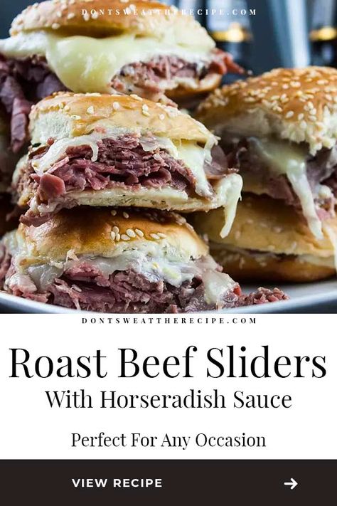 The best sliders EVER! A creamy spicy horseradish sauce, layered with thinly sliced roast beef covered with gooey, melty cheese in a hand size toasty bun. #sliders #recipe Roast Beef Slices Ideas, Roast Beef Sliders With Horseradish Sauce, Roast Beef Sammies, Roast Beef Deli Recipes, Roast Beef Sliders With Horseradish, Roast Beef And Horseradish Sandwich, Roast Beef Horseradish Sandwich, Grilled Roast Beef Sandwich, Recipes With Deli Roast Beef