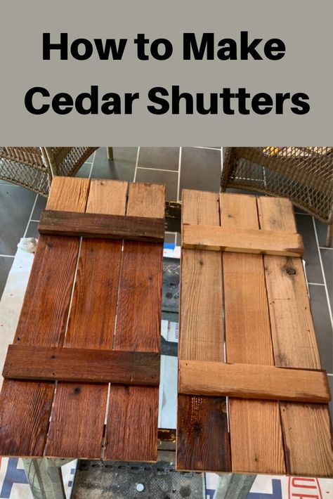 Want to make cedar shutters or build shutters from another type of wood? The exterior of our house was originally cedar board and batten. However, when we renovated, we removed the cedar siding and saved the cedar for making our cedar shutters. Let us show you how to make cedar shutters. It is actually a fairly easy project and could be completed in a weekend or two (may have to paint the second weekend). #how to #DIY #make #cedar #shutters Wood Shutters Gray House, Cedar Color Paint Exterior, Vinyl Shutters That Look Like Wood, Shutter Exterior Ideas, Staining Cedar Wood Exterior, Rustic Shutters Exterior, How To Stain Brick Exterior, Farmhouse Shutters Exterior, Stained Wood Shutters