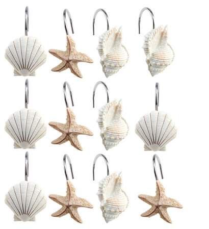 Bathroom Beach Theme, Beach Theme Shower Curtain, Seashell Shower Curtain, Bath Shower Curtain, Bathroom Beach, Beach Theme Bathroom, Shell Decorations, Beach Shower, Shower Hooks