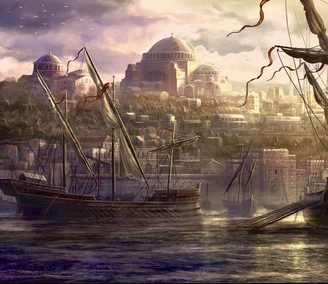 Byzantine Concept Art, Fantasy Byzantine, Roman City Concept Art, Constantinople Byzantine, Fantasy Empire, Byzantine Army, Fall Of Constantinople, Navi A Vela, Byzantine Architecture