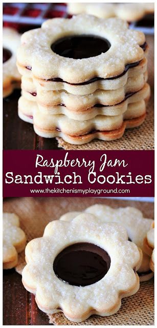 Raspberry Jam Sandwich Cookies ~ Two perfectly delicious homemade butter cookies joined together by gooey raspberry jam filling.  It's a little bit of pure cookie awesomeness!  www.thekitchenismyplayground.com Jam Filled Shortbread Cookies, Everything Cookies, Rolled Cookies, Chewy Bars, Chocolate Marshmallow Cookies, Amazing Cookie Recipes, Jam Sandwich, Xmas Cookie, Cookie Sandwich Recipes