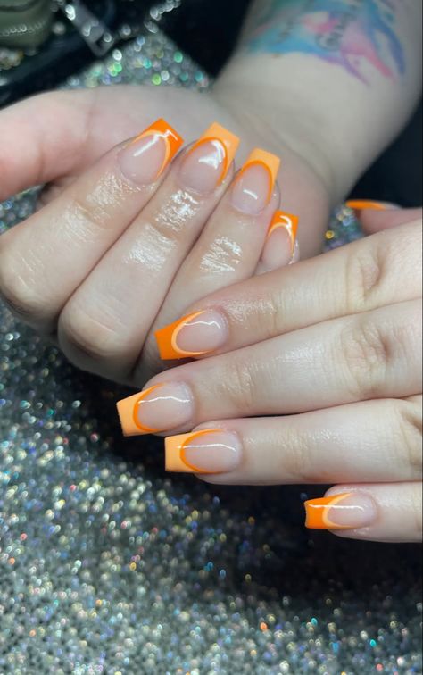 Orange French Tip Acrylic Nails, French Nails Orange Tips, Orange And Yellow French Tip Nails, Two Color French Tip, Orange French Tip Square, Orange French Tips Nails, Orange And Yellow Square Nails, French Tip Orange Nails, Orange French Tip Coffin