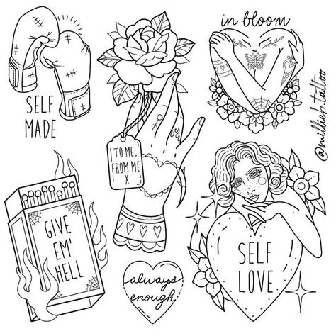 Self Love Flash Tattoo, Helpless Romantic Tattoo, Flash Art Drawings, Lesbian Tattoo Flash Sheet, Self Love Traditional Tattoo, Valentine’s Day Tattoo Ideas, Traditional Feminist Tattoo, Red Linework Tattoo, Anti Love Tattoo