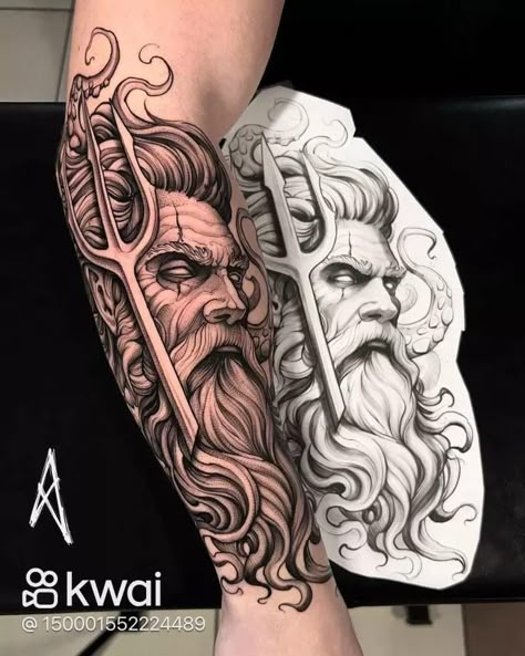 Poisidons God Tattoo, Black Men Back Tattoos, Posiden Tattoo Design, Legs Tattoo Design, Poseidon Tattoo Design, Tatto Man, Eagles Tattoo, Manly Tattoos, Greece Tattoo